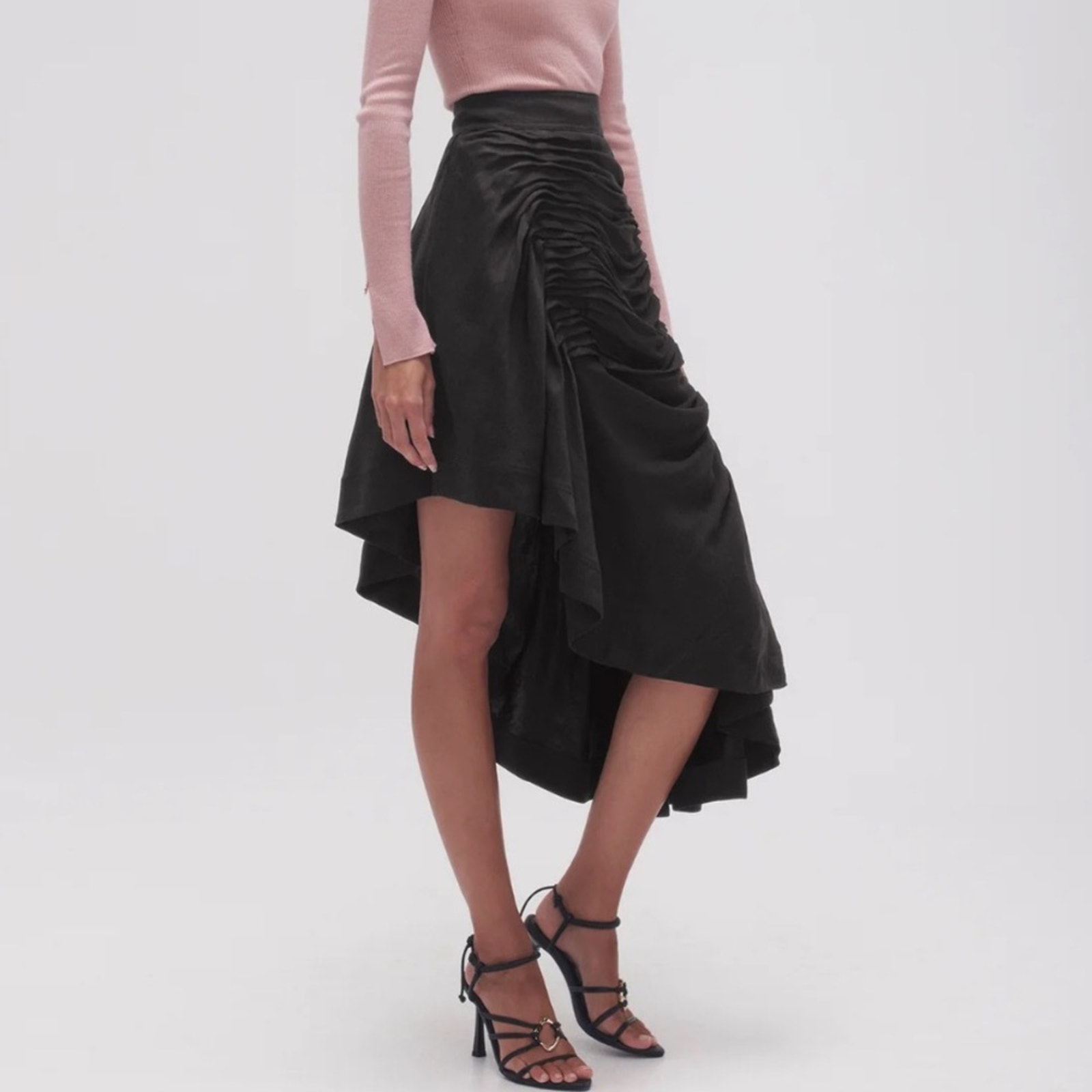 New Aje Black Memoir Asymmetric Hem Tucked Draped Linen Blend Midi Skirt